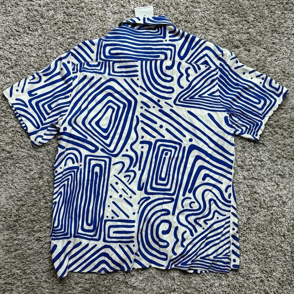 OAS Viscose Eldovado Geometric Blue White Button Up SS Shirt Men’s Size XL - Picture 4 of 7